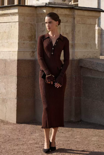 Women's Ribbed Polo Collar Midi Dress with Button Closure and Comfortable Fit