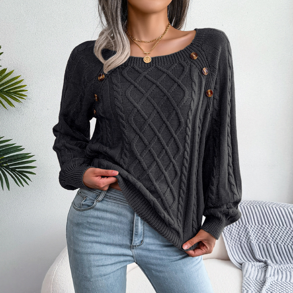 Street-wave Cozy Classic Knit Pullover For Women With Square Neck And Button Details Chic Warmth
