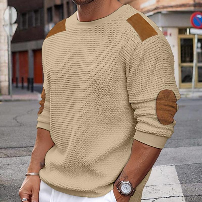 Street-wave White Knit Sweater With Brown Suede Accent Panels For Men Premium Casual Streetwear