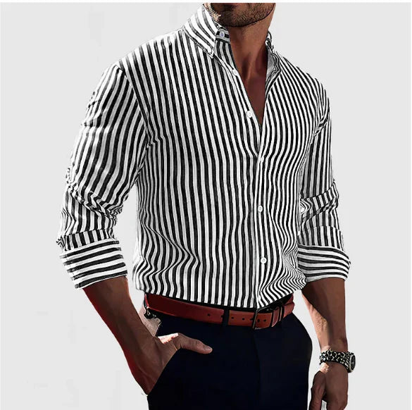 Men's Shirt Slim Fit Cotton Striped Pattern Long Sleeve Button Up Office Casual Wear