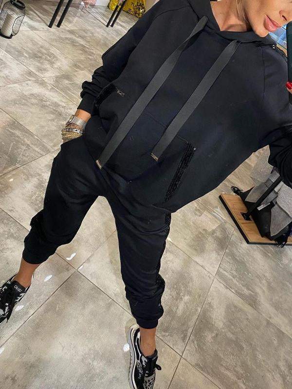 Street-wave Women's Hooded Tracksuit for Fall Cozy Style with Plush Hoodie and Jogger Set