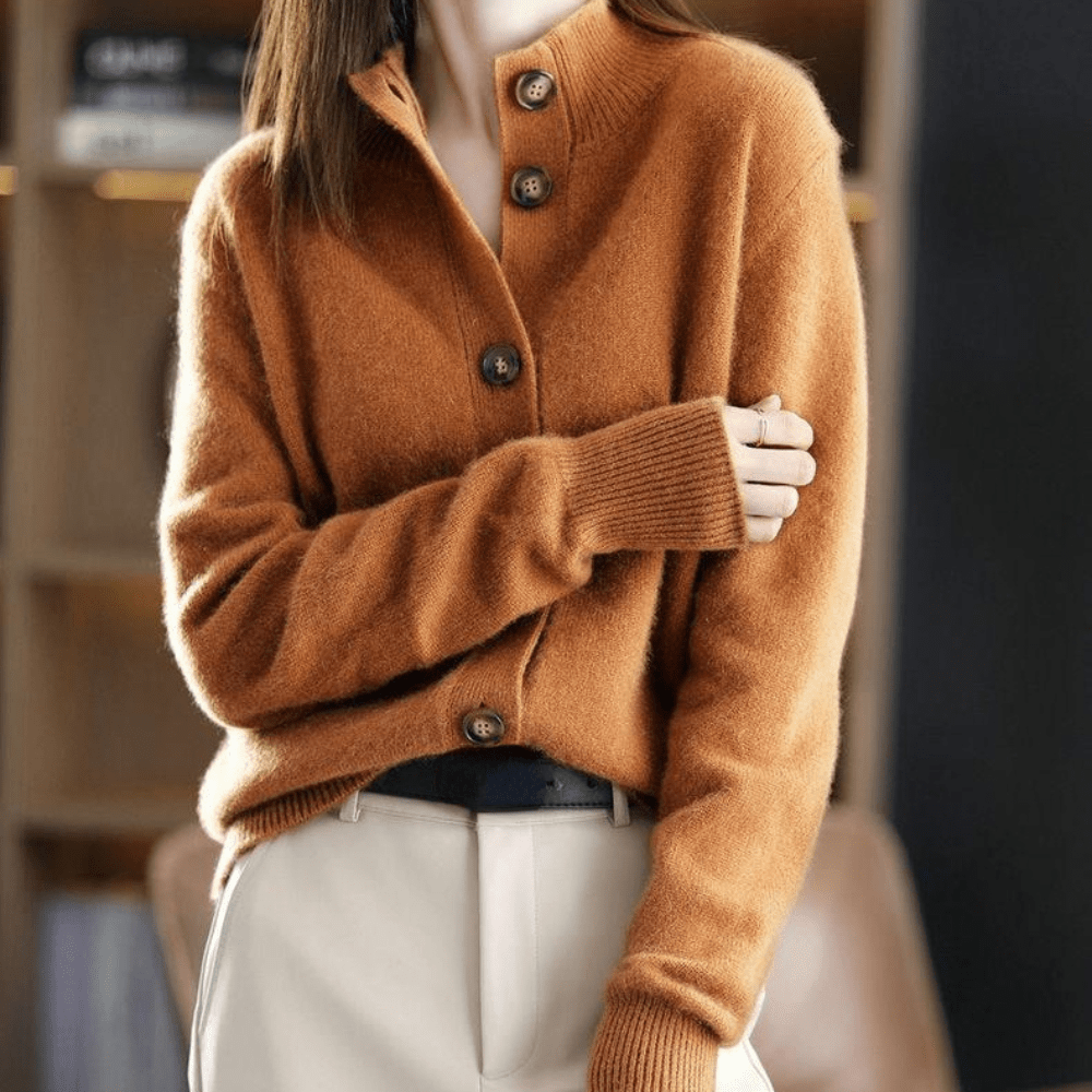 Street-Wave Cozy Knit Cardigan For Women With Button Front And Stand Collar For Everyday Comfort