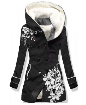Street-wave Women's Chic Winter Coat With Faux Fur Lined Collar And Embroidered Floral Detail