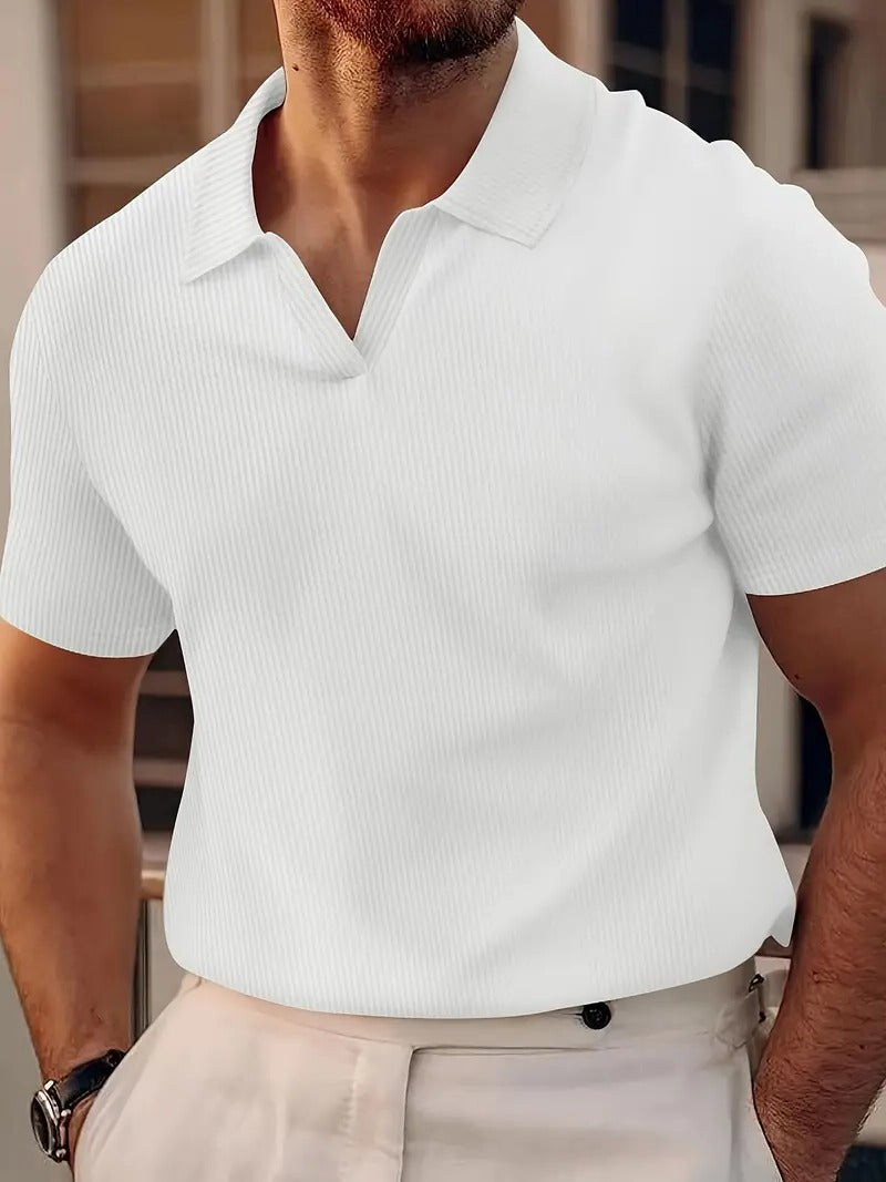 Street-Wave Men's Waffle Knit Polo Shirt Short Sleeve Casual Polo Top in Light Grey