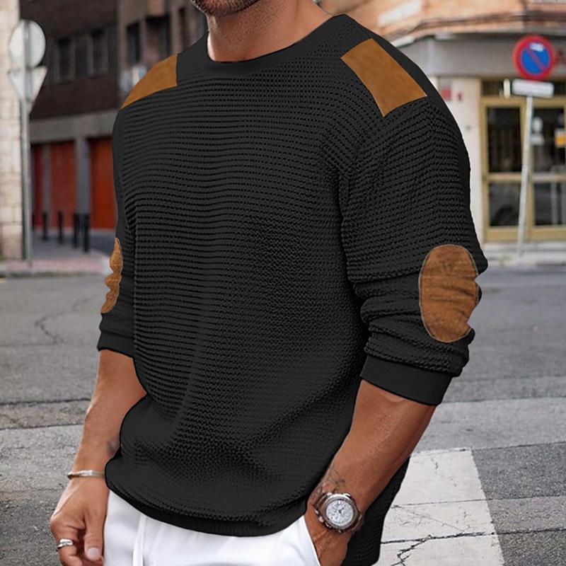 Street-wave White Knit Sweater With Brown Suede Accent Panels For Men Premium Casual Streetwear