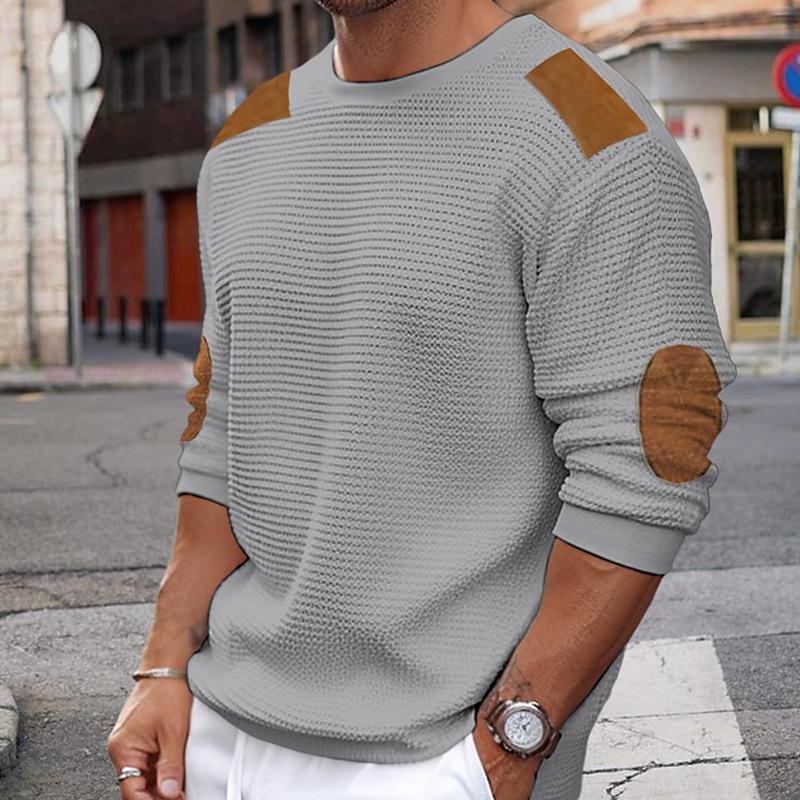Street-wave White Knit Sweater With Brown Suede Accent Panels For Men Premium Casual Streetwear