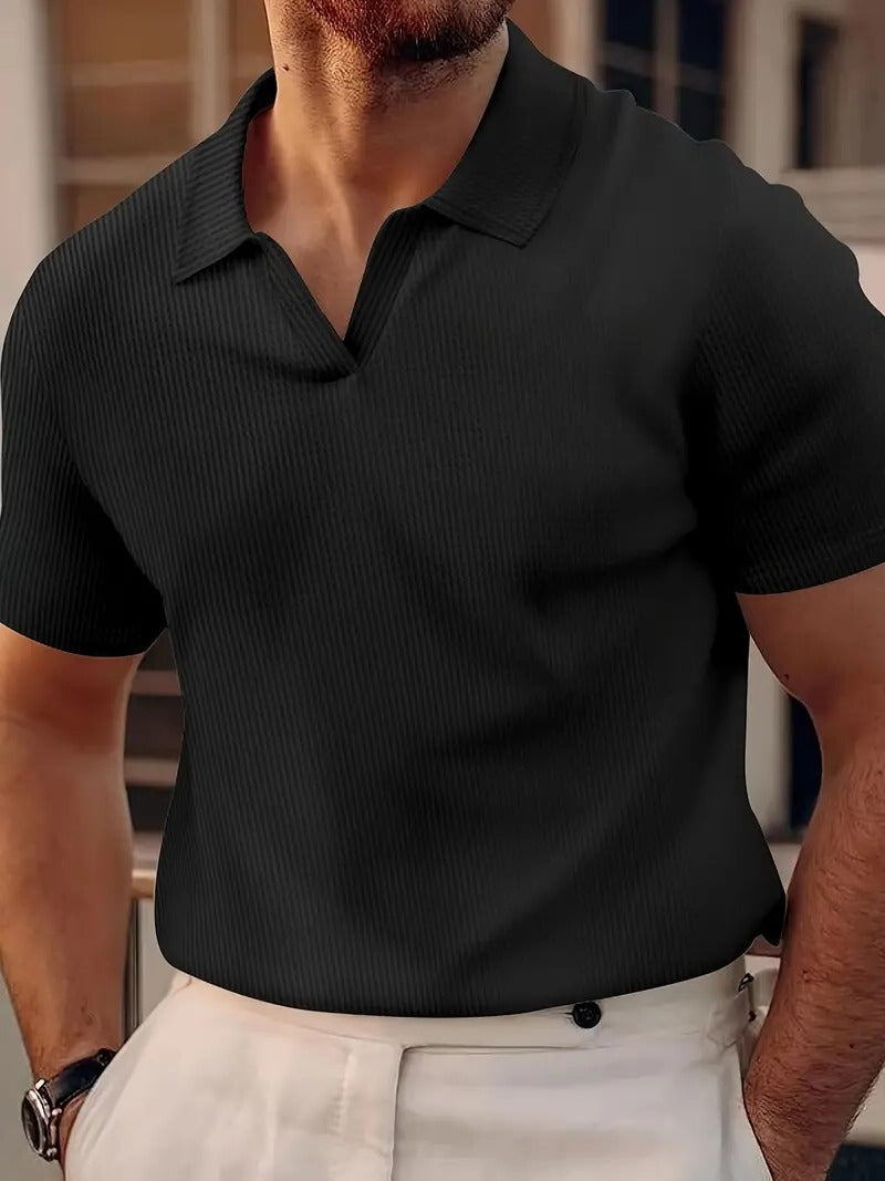 Street-Wave Men's Waffle Knit Polo Shirt Short Sleeve Casual Polo Top in Light Grey