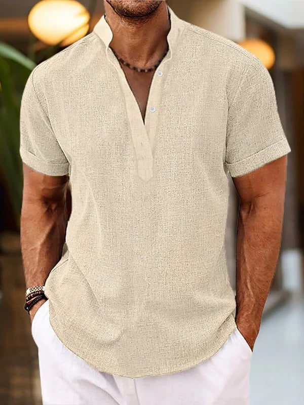 Street-Wave Mens Short Sleeve Shirt With Placket Mandarin Collar For Casual Everyday Wear