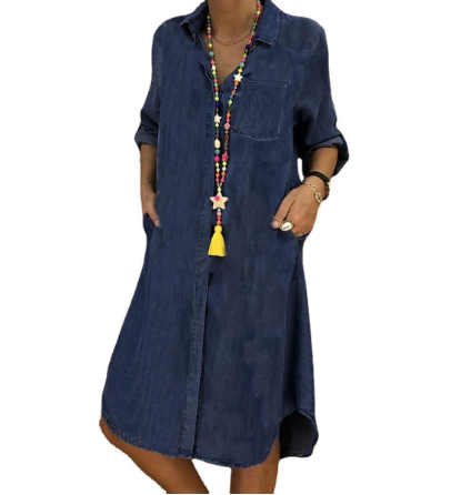 Street Wave Denim Maxi Shirt Dress For Women With Long Sleeves And Lapel Collar Timeless Style