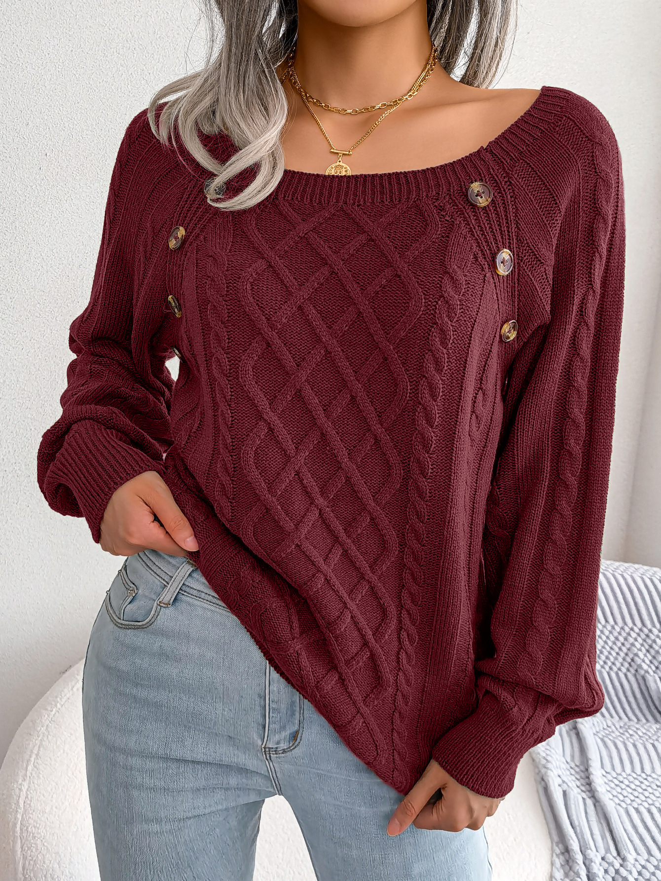 Street-wave Cozy Classic Knit Pullover For Women With Square Neck And Button Details Chic Warmth