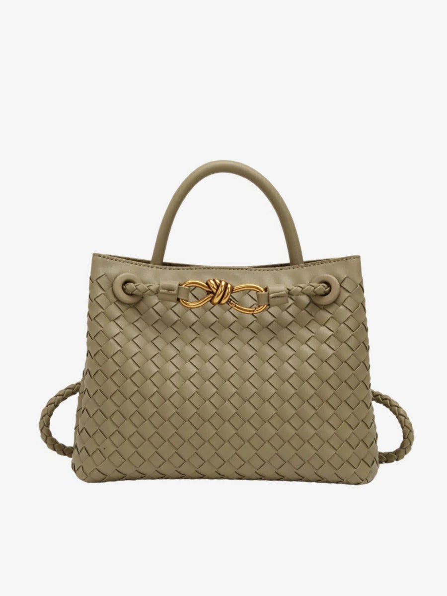 Street-Wave Woven Handbag - Structured Black Tote With Dual Carry Straps And Gold Knot Accent