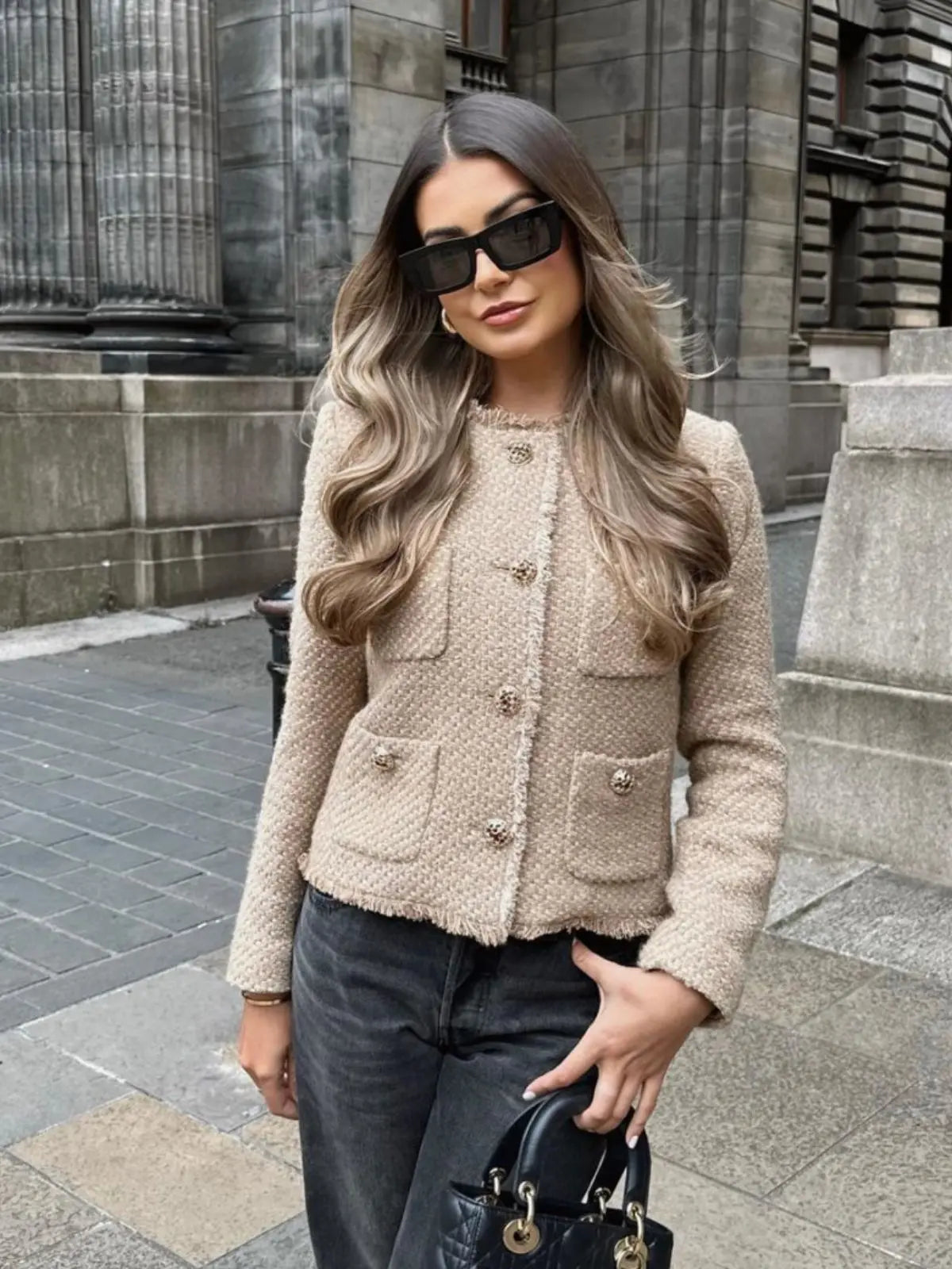 Streetwave Elegant Tweed Short Jacket For Women With Gold Button Details Timeless Chic For Modern Fashionistas