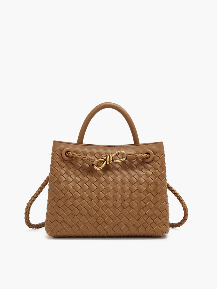 Street-Wave Woven Handbag - Structured Black Tote With Dual Carry Straps And Gold Knot Accent