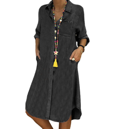 Street Wave Denim Maxi Shirt Dress For Women With Long Sleeves And Lapel Collar Timeless Style