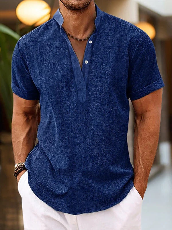 Street-Wave Mens Short Sleeve Shirt With Placket Mandarin Collar For Casual Everyday Wear