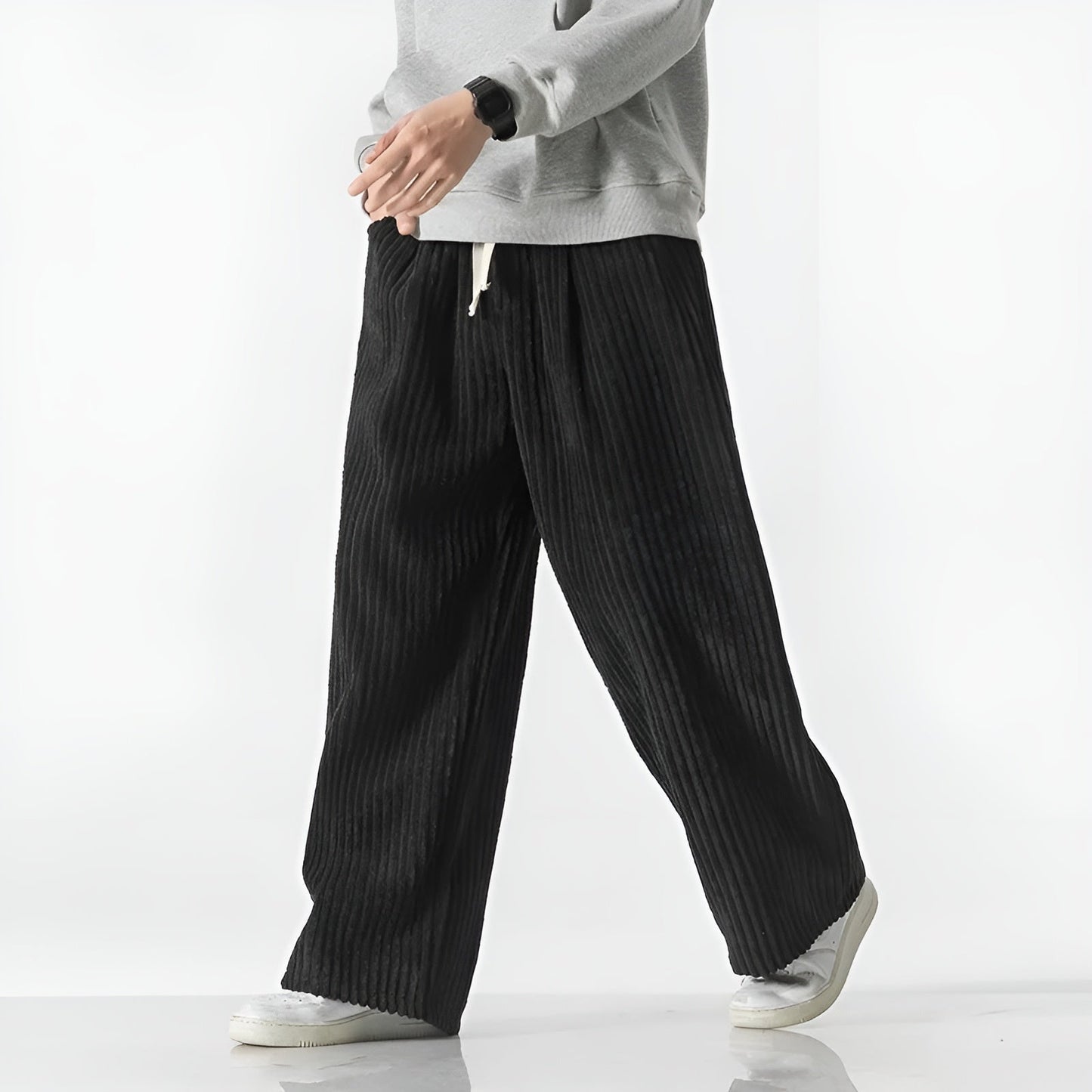 Street-Wave Drift Relaxed Corduroy Pants - Densely Ribbed Texture For Depth And Elastic Drawstring Waist
