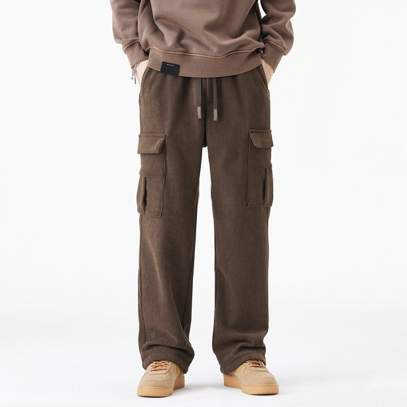 Street-Wave Men's Cargo Pants With Elastic Drawstring Waist Relaxed Wide Leg Fit And Ribbed Texture For Everyday Comfort