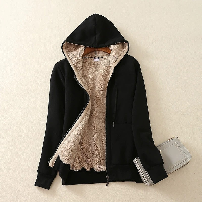 Street-wave Sherpa Lined Hoodie Jacket for Women, Cozy Plush Interior for Warmth