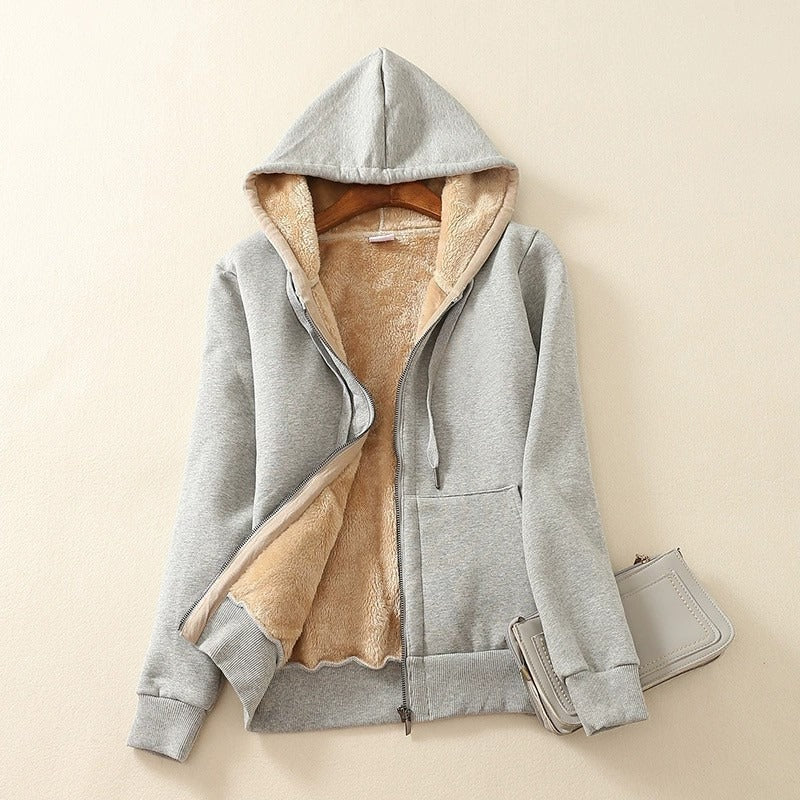 Street-wave Sherpa Lined Hoodie Jacket for Women, Cozy Plush Interior for Warmth