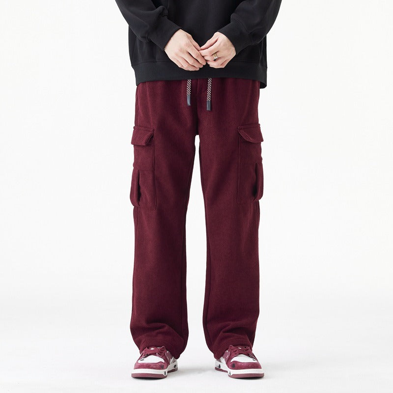 Street-Wave Men's Cargo Pants With Elastic Drawstring Waist Relaxed Wide Leg Fit And Ribbed Texture For Everyday Comfort