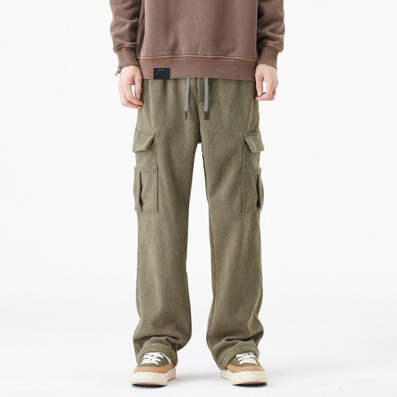 Street-Wave Men's Cargo Pants With Elastic Drawstring Waist Relaxed Wide Leg Fit And Ribbed Texture For Everyday Comfort