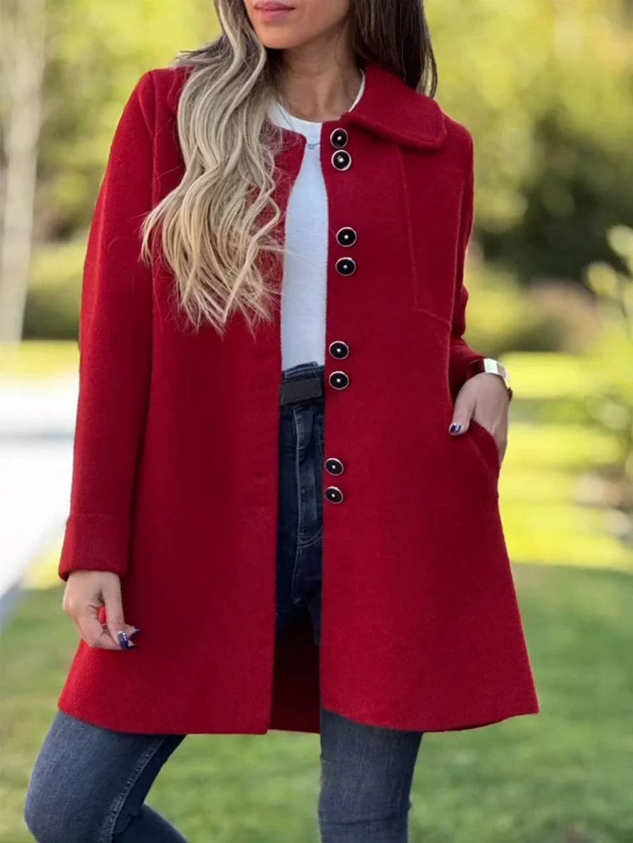 Street-Wave Wool Blend Coat For Women, Relaxed Fit, Knee Length, Rounded Lapel