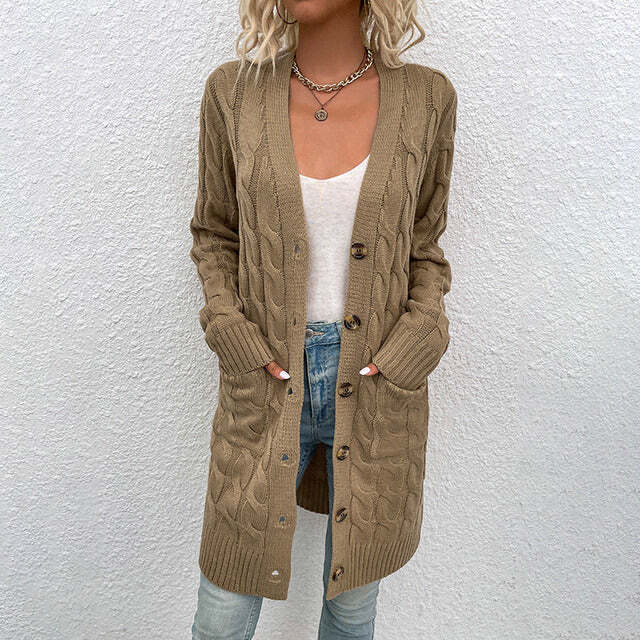 Street-Wave Cable Knit Long Cardigan For Women Button-Front Cozy Warmth And Timeless Style