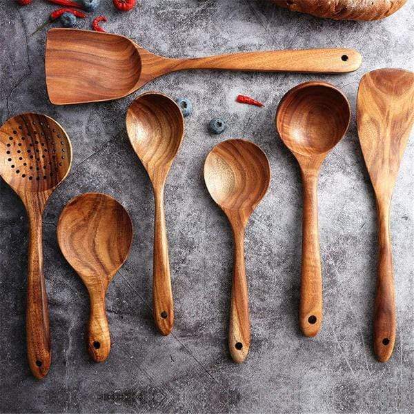 Teak Wooden Cooking Utensil Set With Ergonomic Handles - Street-Wave