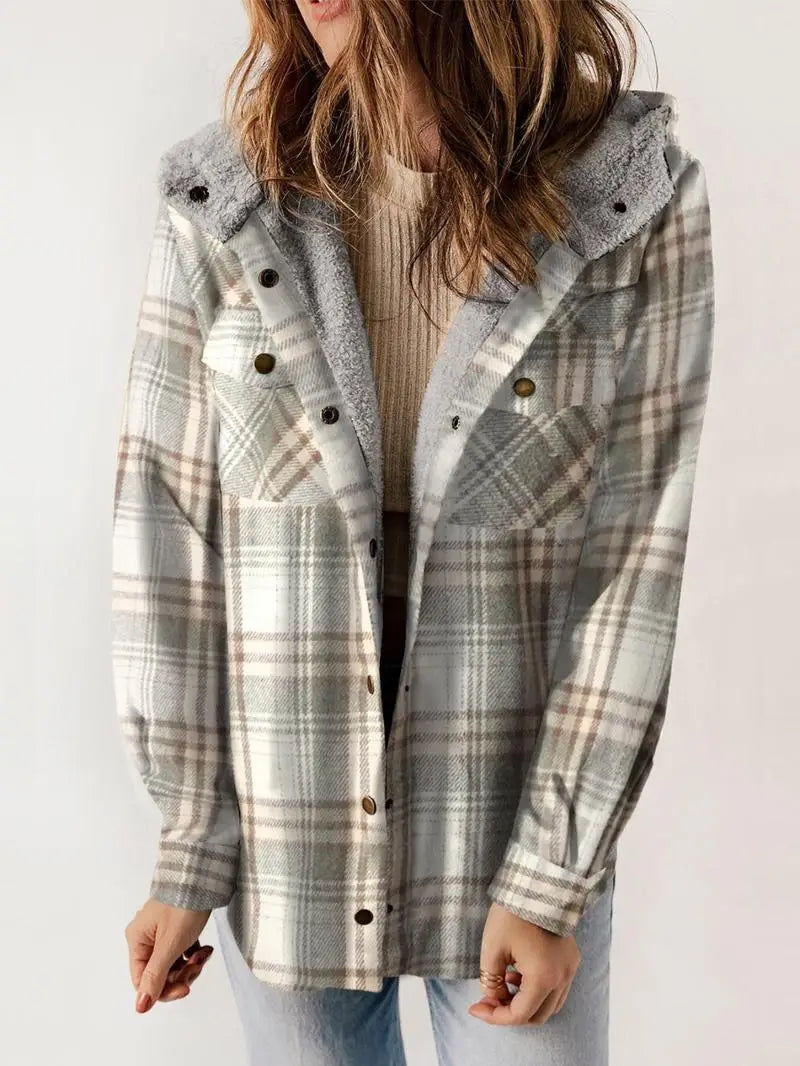 Women's Plaid Jacket with Button Closure and Side Pockets
