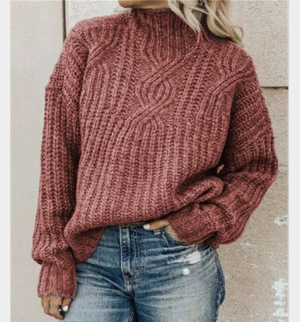 Street-Wave Wool Cable Knit Pullover High Collar Relaxed Fit Women's Sweater Cozy Everyday Essential