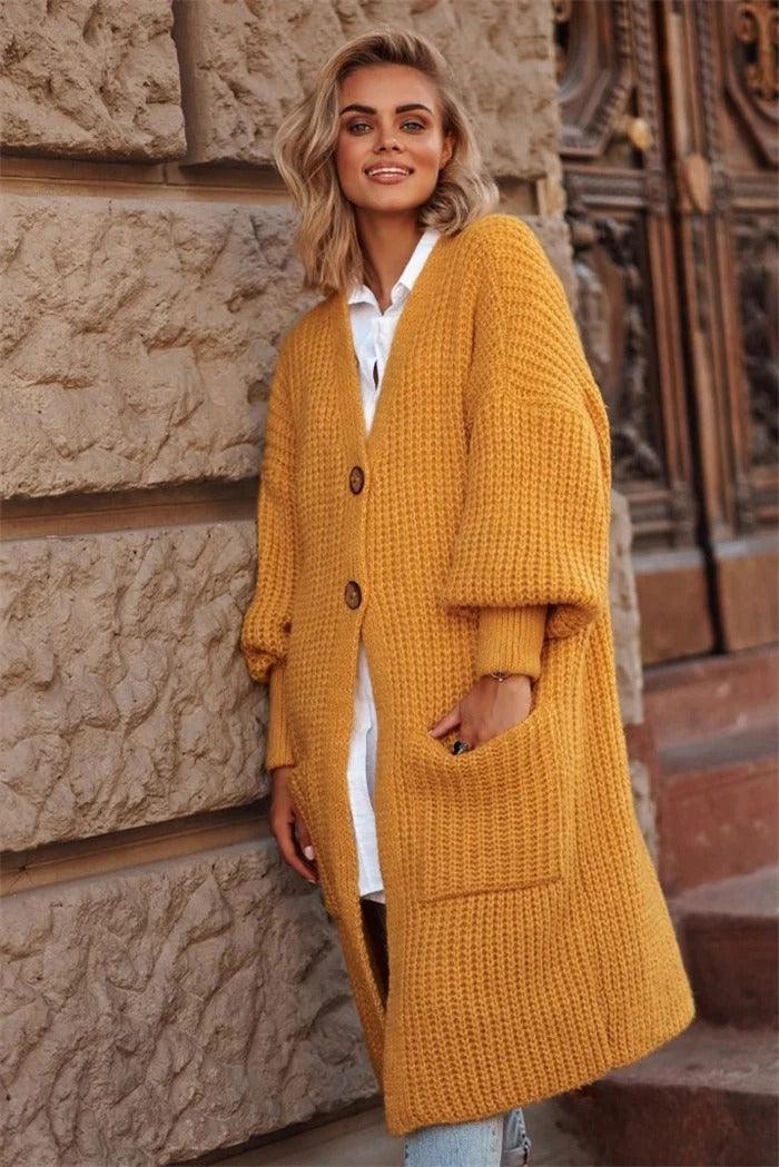 Street-Wave Wool Cardigan Coat Oversized Long Knit for Women Button Closure Pockets