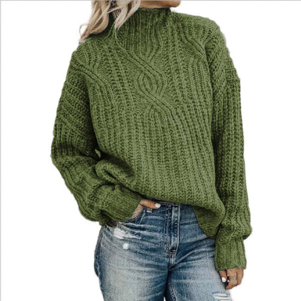 Street-Wave Wool Cable Knit Pullover High Collar Relaxed Fit Women's Sweater Cozy Everyday Essential