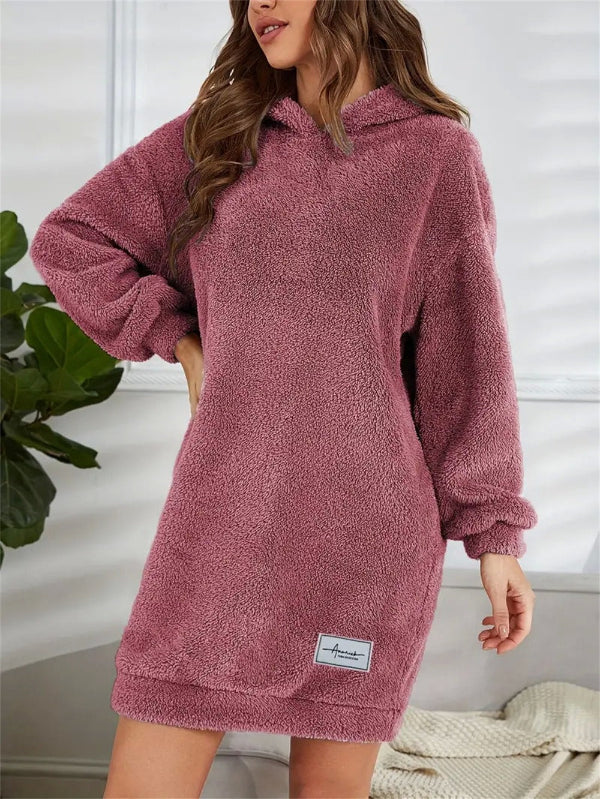 Street Wave Plush Teddy Hoodie Dress For Women Ultra Cozy PlusSize Fleece Mini Lounge Wear