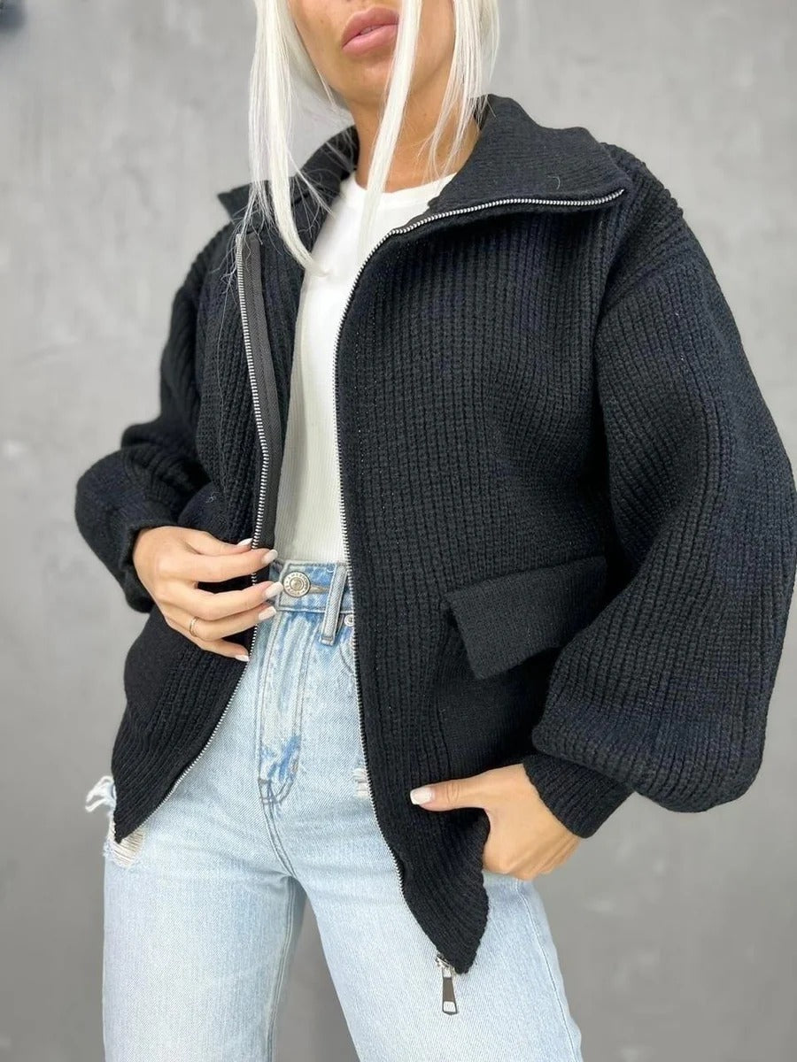 Street-Wave Wool Blend Cardigan With Zipper, Relaxed Fit, Ribbed Texture And Patch Pockets For Women