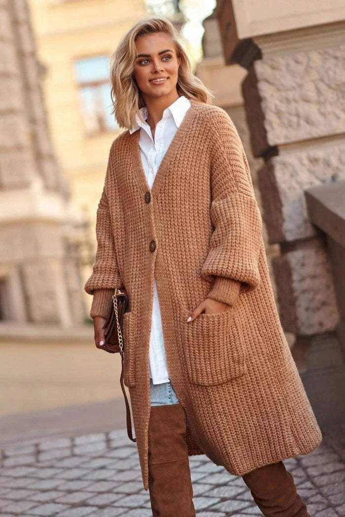 Street-Wave Wool Cardigan Coat Oversized Long Knit for Women Button Closure Pockets