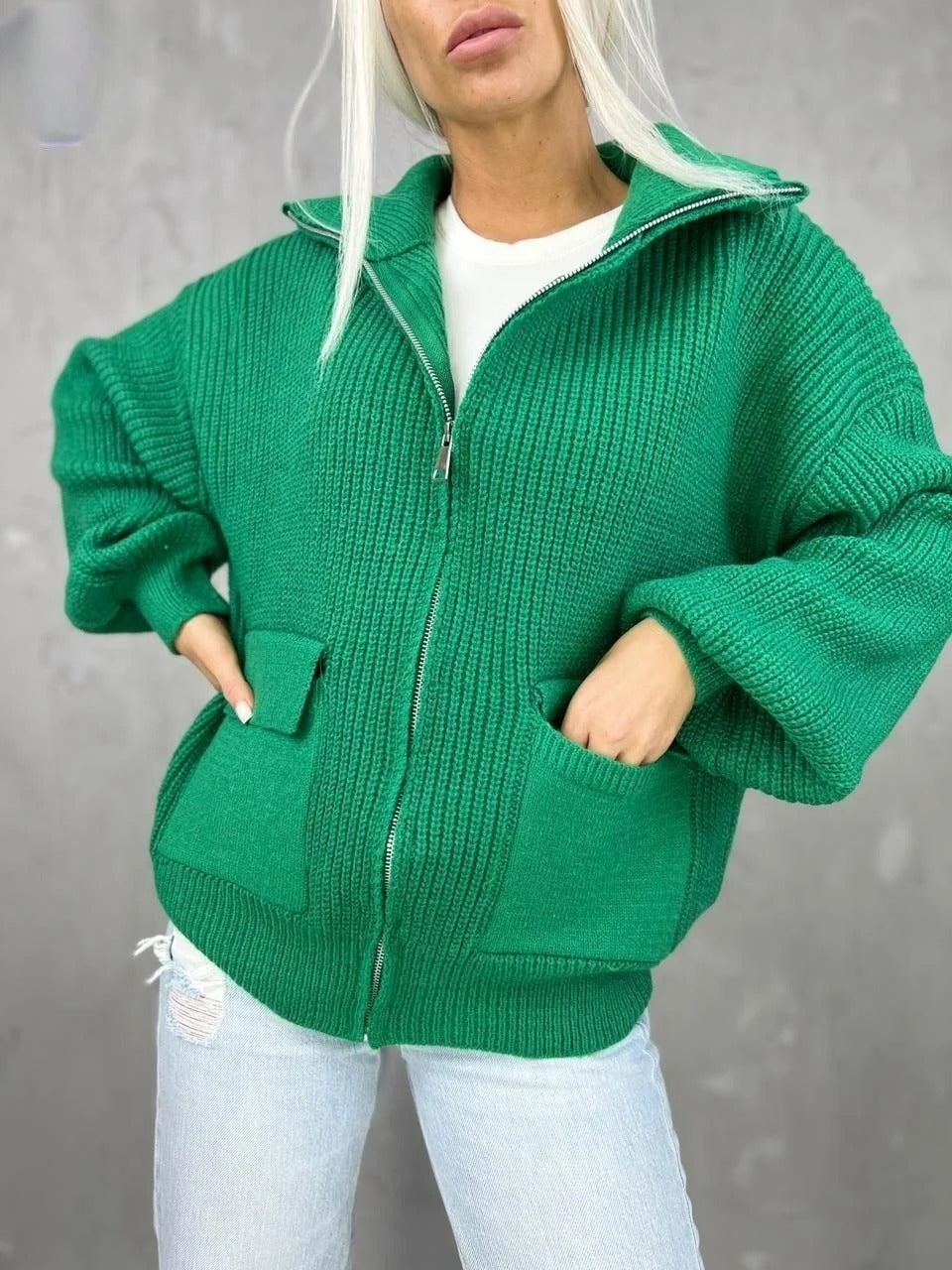 Street-Wave Wool Blend Cardigan With Zipper, Relaxed Fit, Ribbed Texture And Patch Pockets For Women