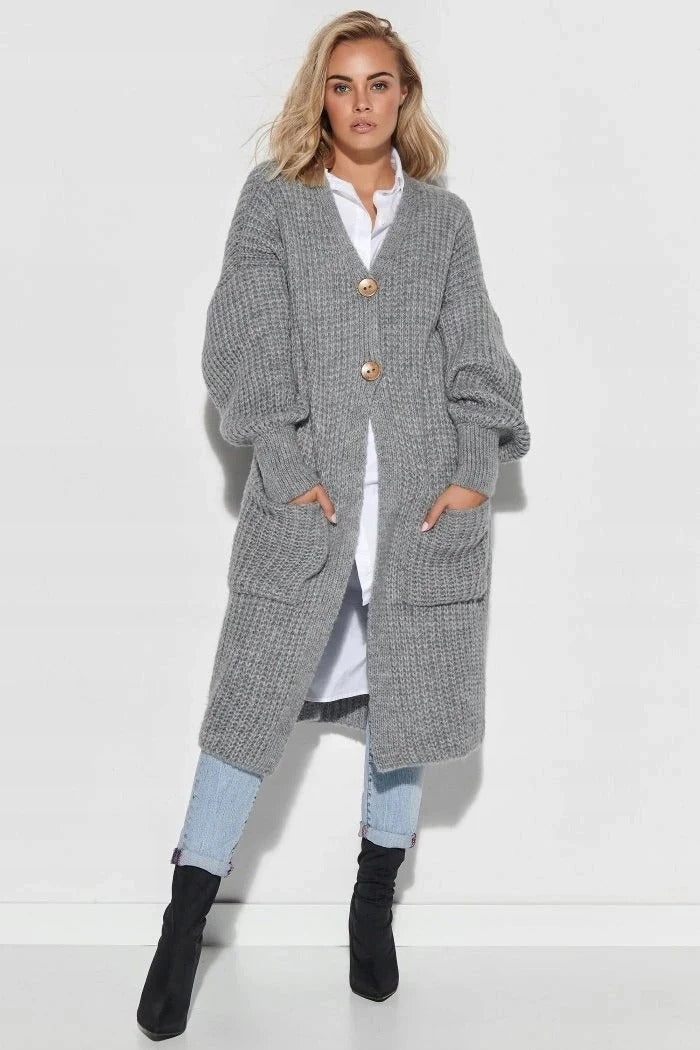 Street-Wave Wool Cardigan Coat Oversized Long Knit for Women Button Closure Pockets