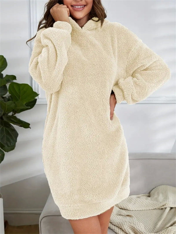Street Wave Plush Teddy Hoodie Dress For Women Ultra Cozy PlusSize Fleece Mini Lounge Wear