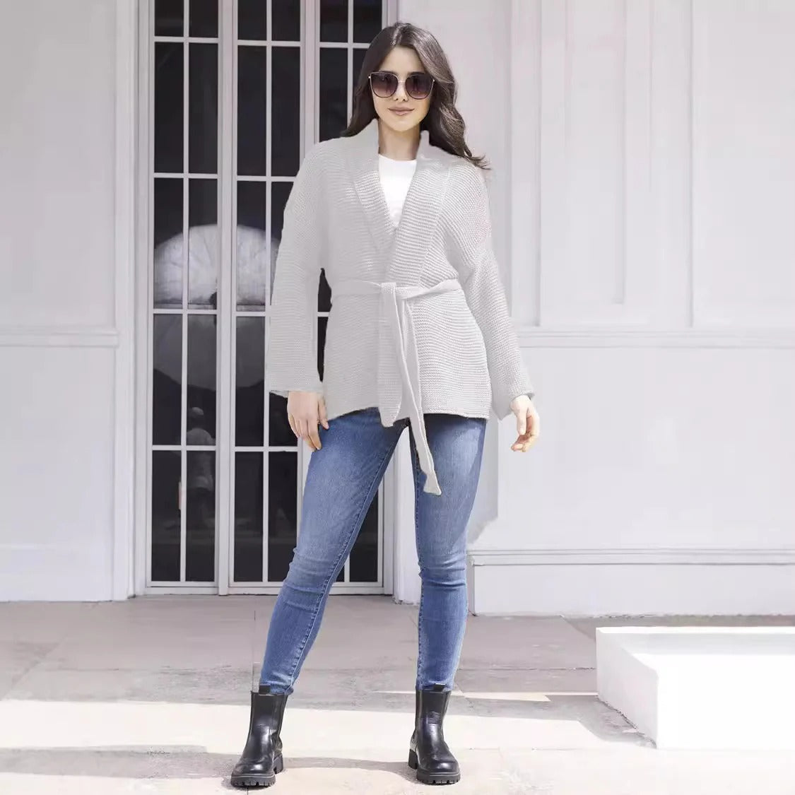 Street-Wave Women Cardigan Ribbed Knit Shawl Collar Belted