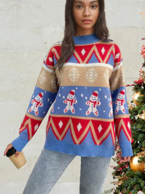 Women’s Knit Sweater – Relaxed Fit – Wool Blend – Crew Neck – Festive Pattern - Street-Wave