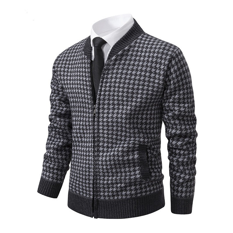 Street Wave Houndstooth Zip Cardigan For Men Classic Versatile Workwear Look For Business And Casual