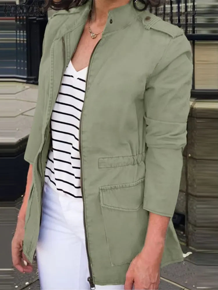 Street-wave Cargo Jacket for Women, Cotton Blend, Zip Front, Stand Collar, Flap Pockets, Relaxed Fit