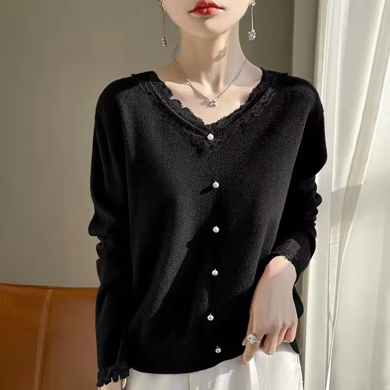 Nordisk-Flair Wool Blend Lace V-Neck Sweater For Women Relaxed Fit