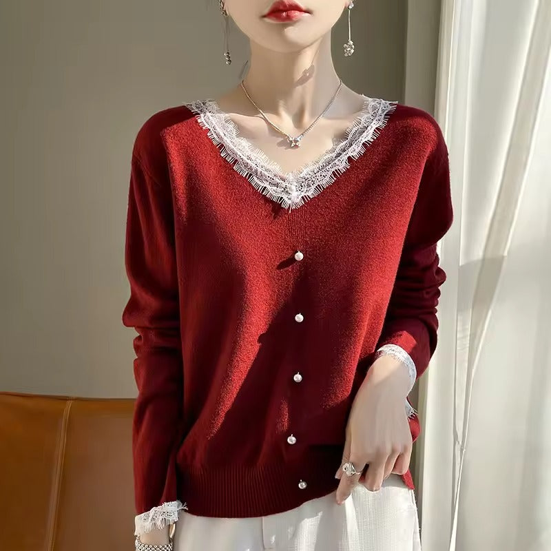 Nordisk-Flair Wool Blend Lace V-Neck Sweater For Women Relaxed Fit