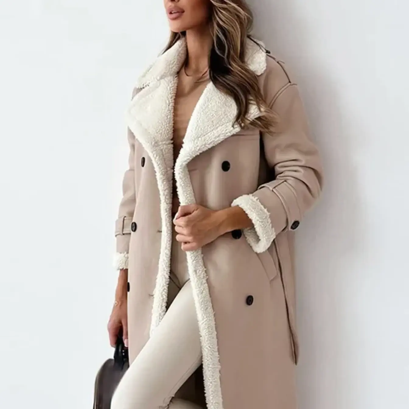 Street-wave Shearling Lined Trench Coat For Women Warm Luxury Double Breasted Winter Ready
