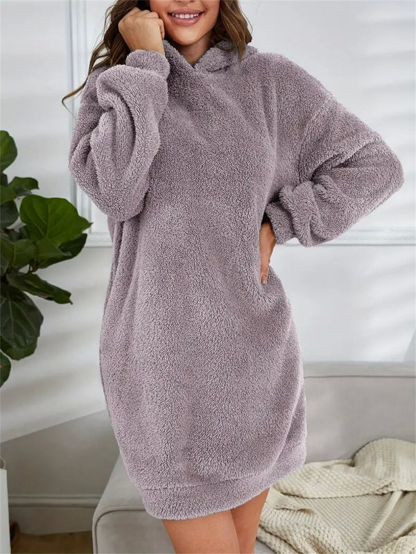 Street Wave Plush Teddy Hoodie Dress For Women Ultra Cozy PlusSize Fleece Mini Lounge Wear