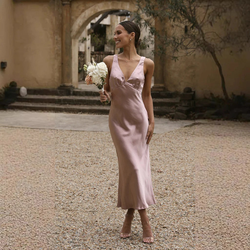Street Wave Satin Maxi Dress Women Slim Fit Deep V Neck Elegant Straps