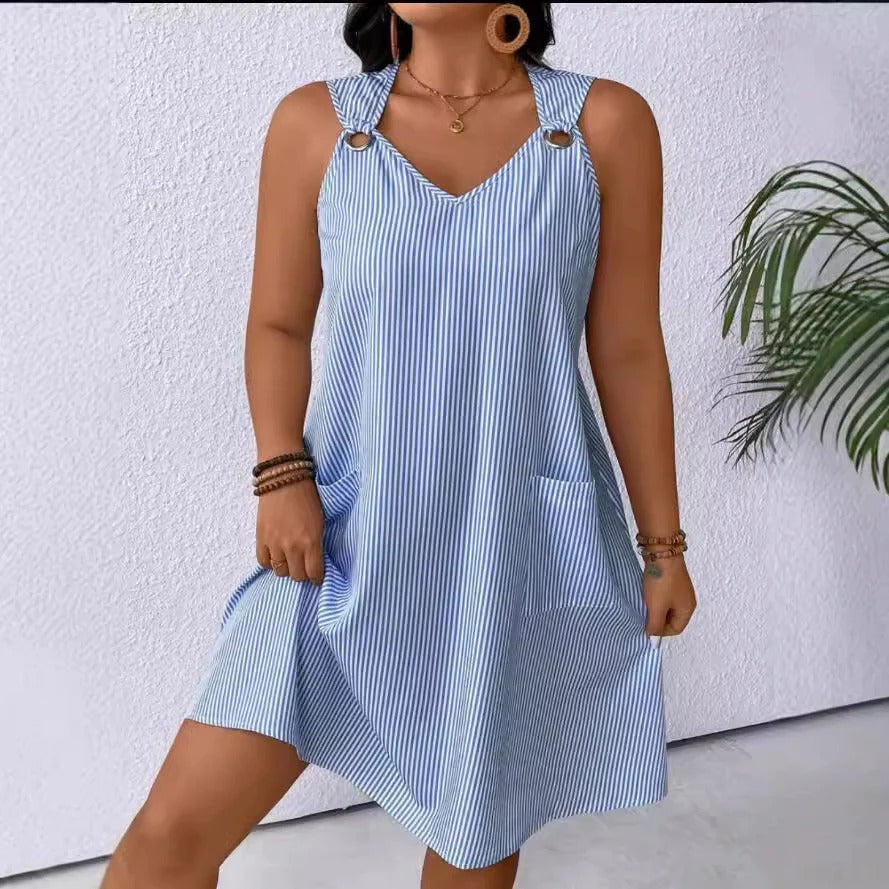 Street-Wave Women's A-Line Striped Dress With Pockets Ring-Shoulder