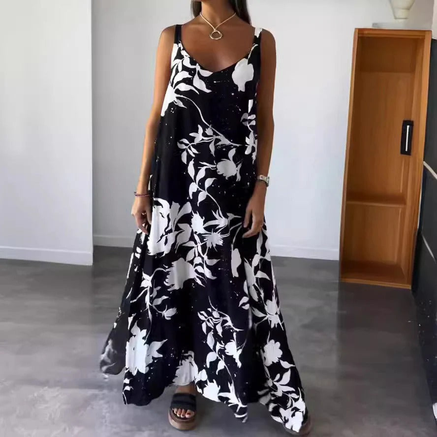 Street-Wave Floral Maxi Dress For Women Deep V-Neck Relaxed Fit