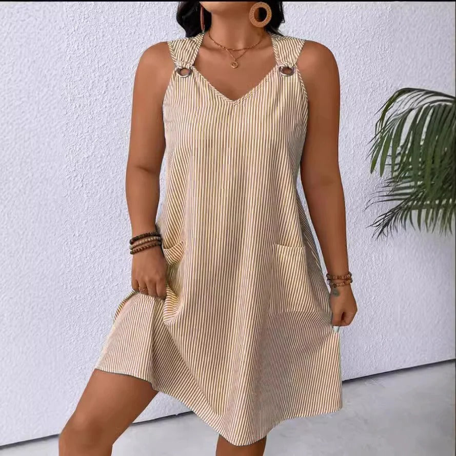 Street-Wave Women's A-Line Striped Dress With Pockets Ring-Shoulder